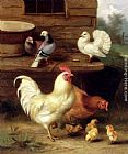 A Cockerel, Hen And Chicks With Pigeons by Edgar Hunt